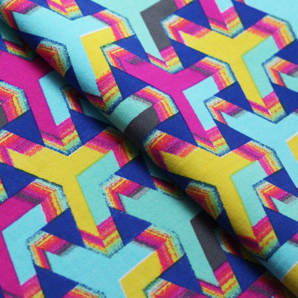 Puzzled Nylon Spandex Fabric - Blue, Pink, Yellow Geometric Pattern, 58-60" Width (1 Yard)