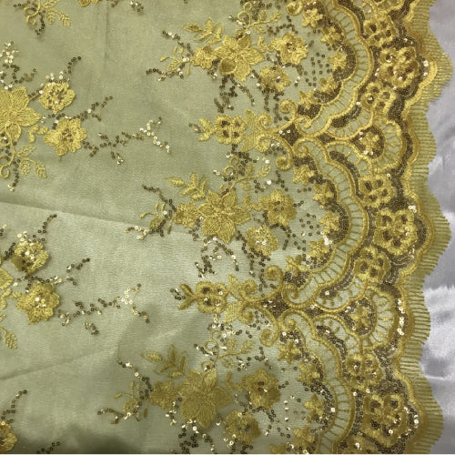 Yellow Sequin Lace Fabric With Embroideries On Mesh - Yellow Embroidered Lace, Mesh Fabric, 54" Width