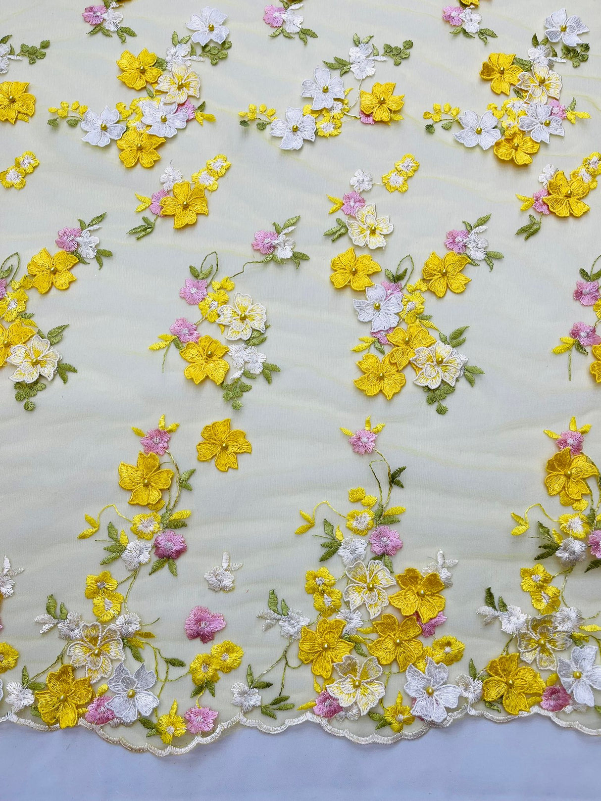 Multi Color 3D Floral Daisy Design Embroider Lace Fabric - Multi Color Floral Embroidery, 54" Width (1 Yard)