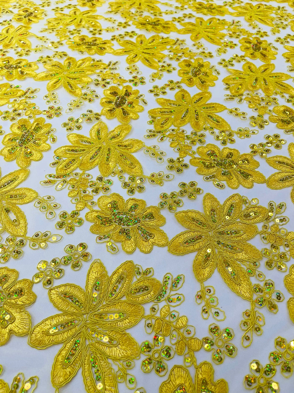 Metallic Floral Lace Design Embroidered Polyester Fabric - Floral Lace, 54" Width (1 Yard)