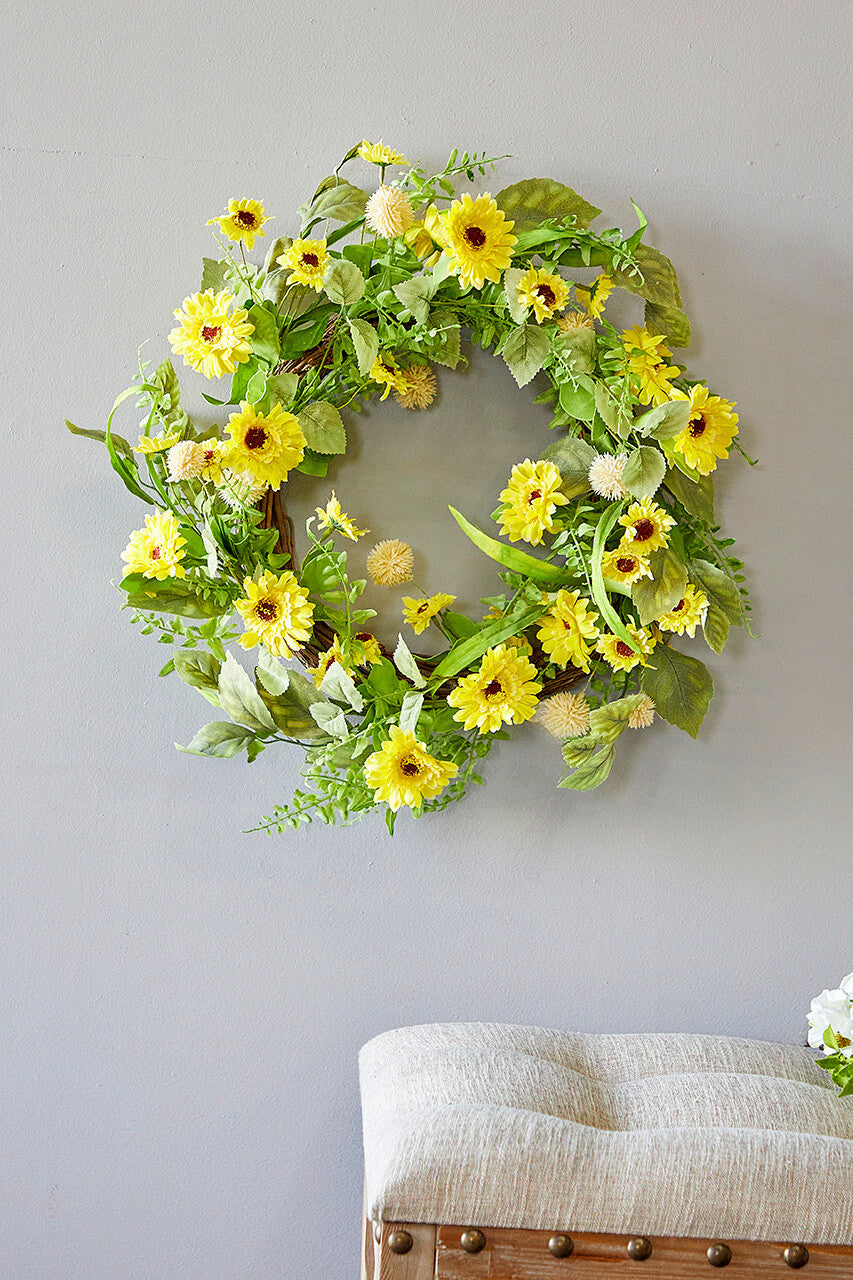 24 Inch Yellow Mixed Gerbera Daisy Wreath Decorative Spring Summer Floral Door Wall Wreath