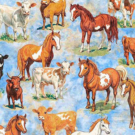 Cotton Print Yippie Ki Yay! Cows & Horses Light Blue Fabric 44/45"