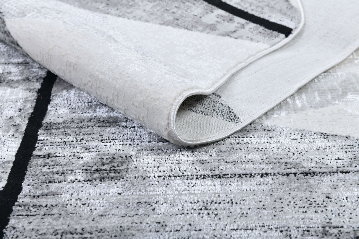 Z327A Polyester Area Rug - Silver-Toned With Charcoal Patterns And Bold Irregular Black Geometric Detailing, Black (5' 3" X 7' 6", 7' 9" X 10' 5")