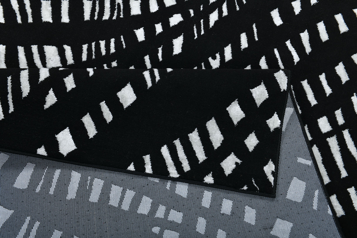 Modern Lustre Grid Polyester Fabric - Black And Silver Tones, Grid Pattern, 5' 3" X 7' 6", 7' 9" X 10' 5", 10' X 13' (1 Unit)