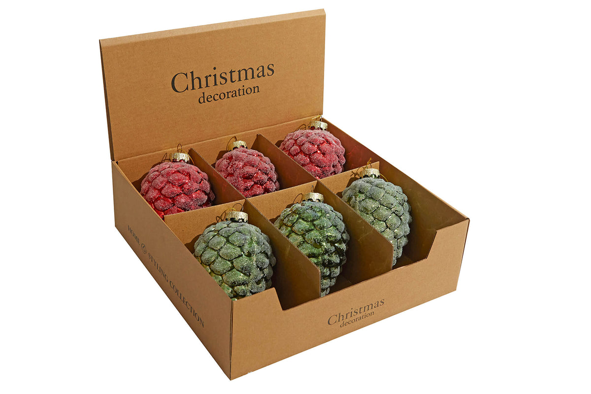 3" x 5" Green and Red Pinecone Ornaments - Set of 6