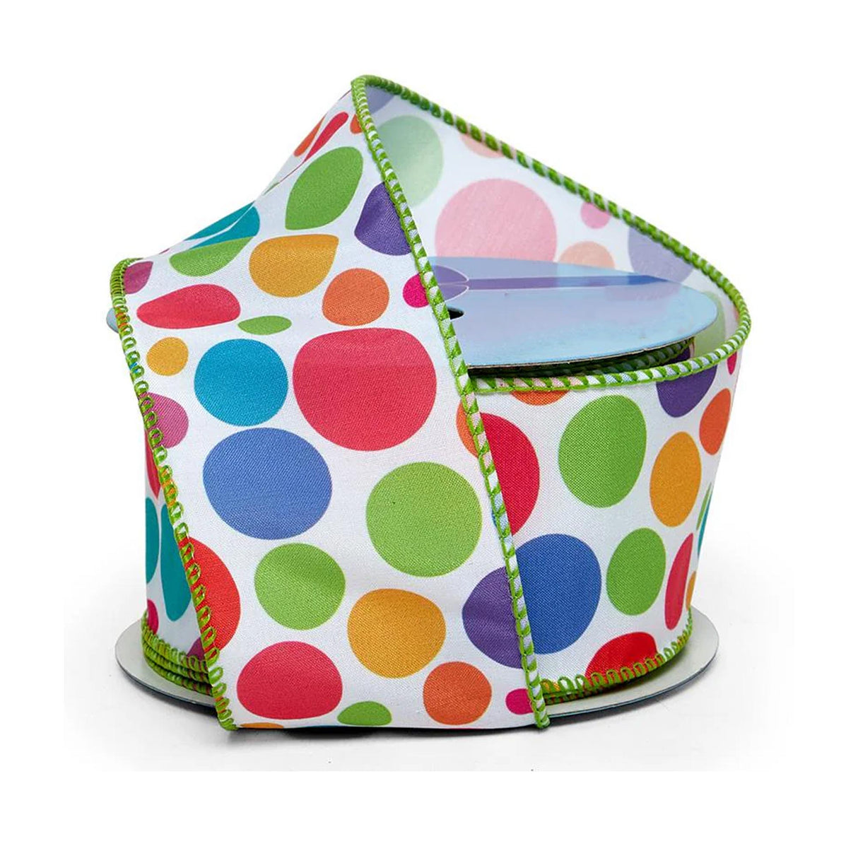 Colorful Dots On Wired Ribbon 2 1/2 '' x 10 yd Large Dots W/ Green Wired Edges Color 1 / ROLL