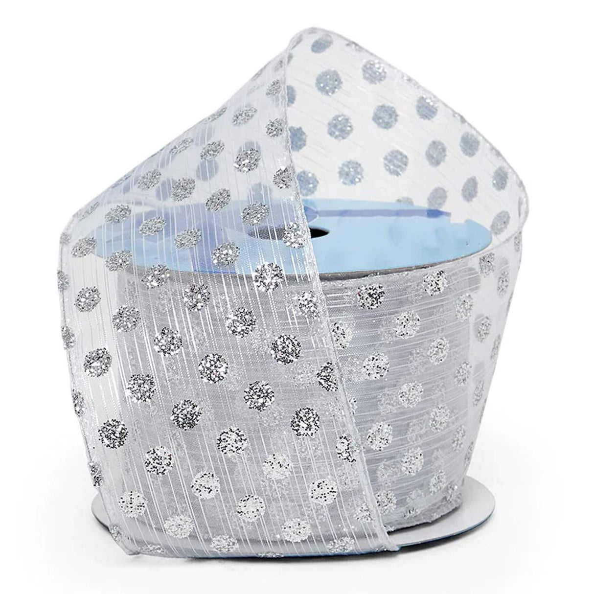 Glitter Dots On Sheer Wired Ribbon 2 1/2 '' X 10 yd Silver W/ Metallic Color 1 / roll