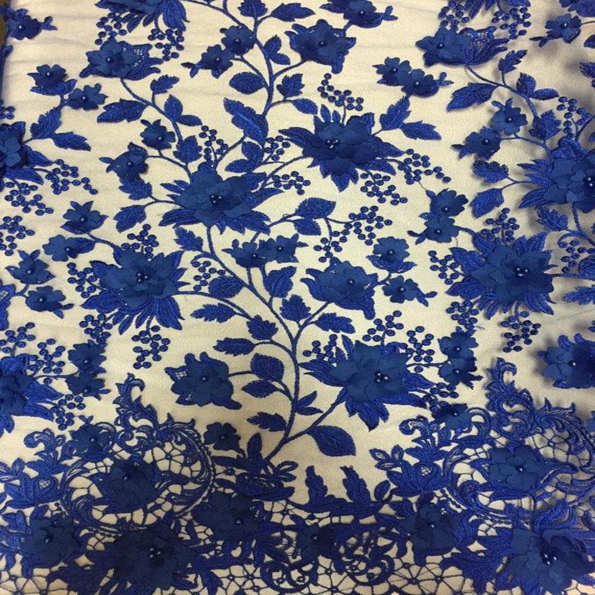 3D Embroidered Satin Floral Pearl Lace Fabric - 100 Percent Polyester Fabric, Floral Pearl Embroidery, 52" Width, 12" Panel (1 Yard)