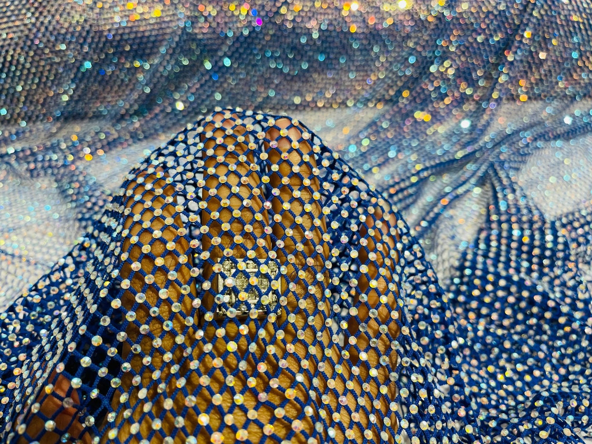 AB Rhinestones On A Fish Net Polyester Fabric - Iridescent Rhinestone Mesh, 1 Yard