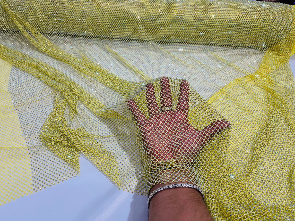 AB Rhinestones On A Fish Net Polyester Fabric - Iridescent Rhinestone Mesh, 1 Yard