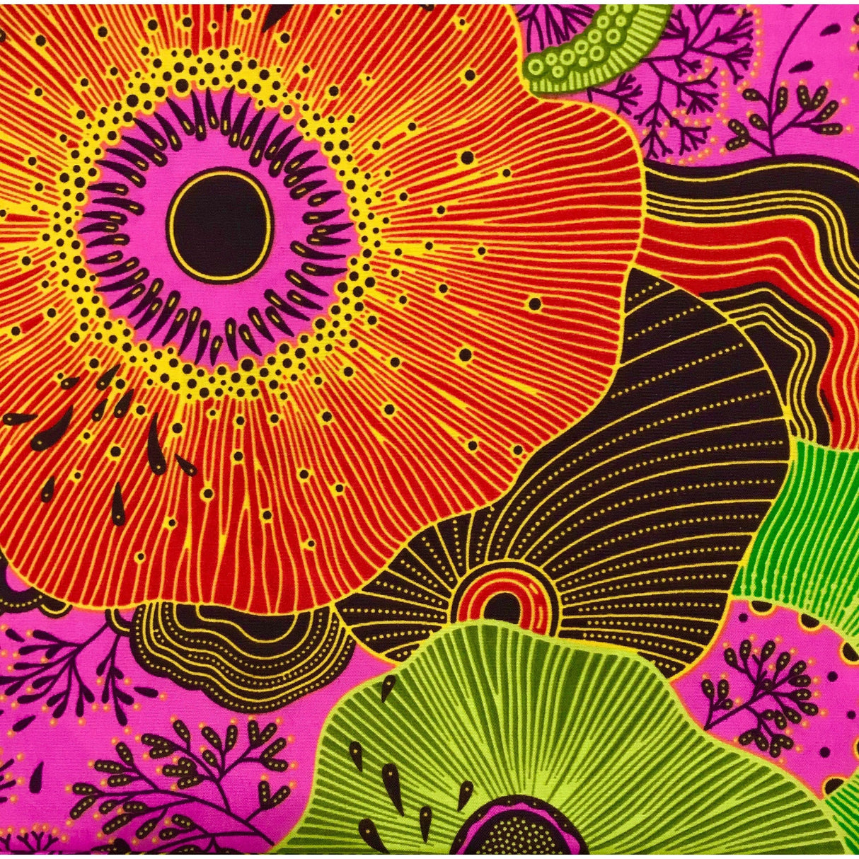 African Print Fabric Ankara Polyester Fabric - Pink, Red, Yellow Floral Fiyah, 45" Width (Per Yard)