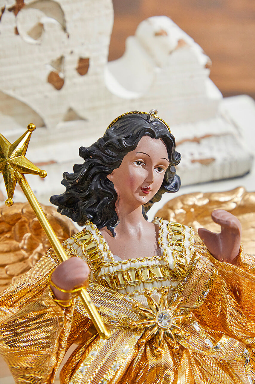 9" Gold Fabric Flying Black Angel Ornament