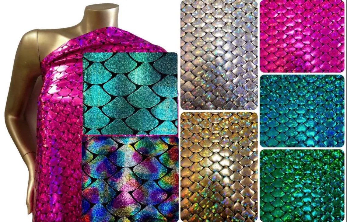 8 Colors Shiny Holographic Foil Mermaid Scales Pattern On Black Stretch Nylon Spandex Shiny Tricot Fabric - Black, Mermaid Scales, 58 To 60 Inches Wide