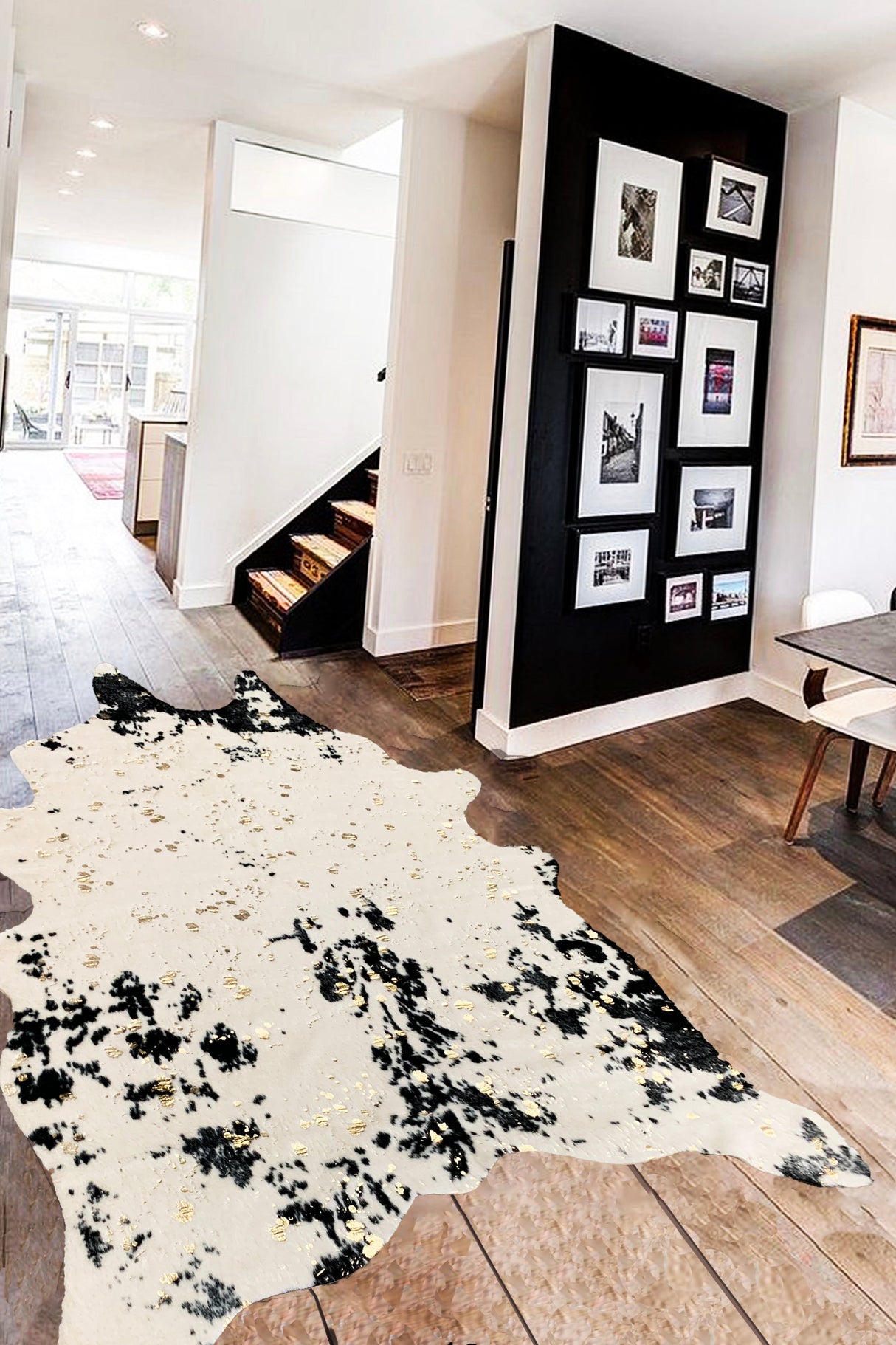 Vegan Cream Metallic Shinny Glow Faux Hide Cowhide Rug - Silver, Brown Patch, Black Patch, 5' X 7' (1 Piece)