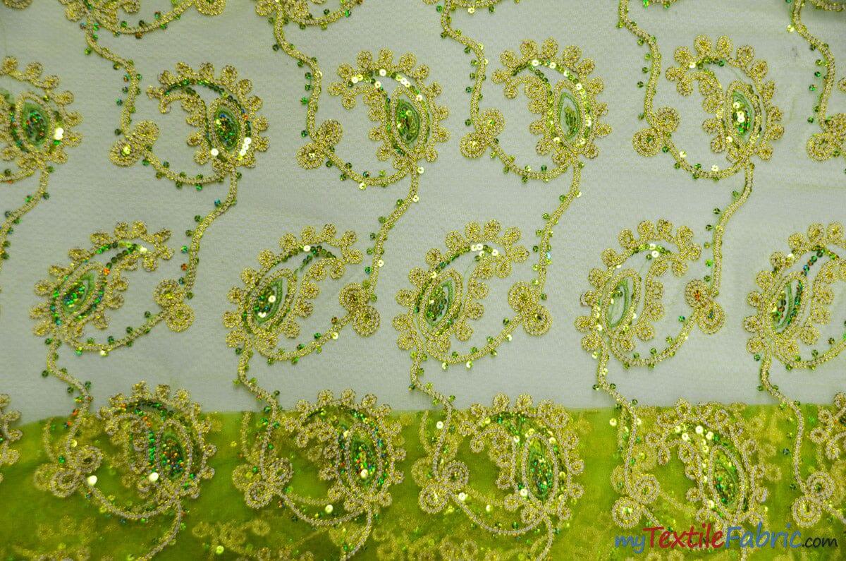 Coco Paisley Polyester Fabric - Sheer Embroidered Paisley, Double Scallop Lace, 52" Width (1 Yard)