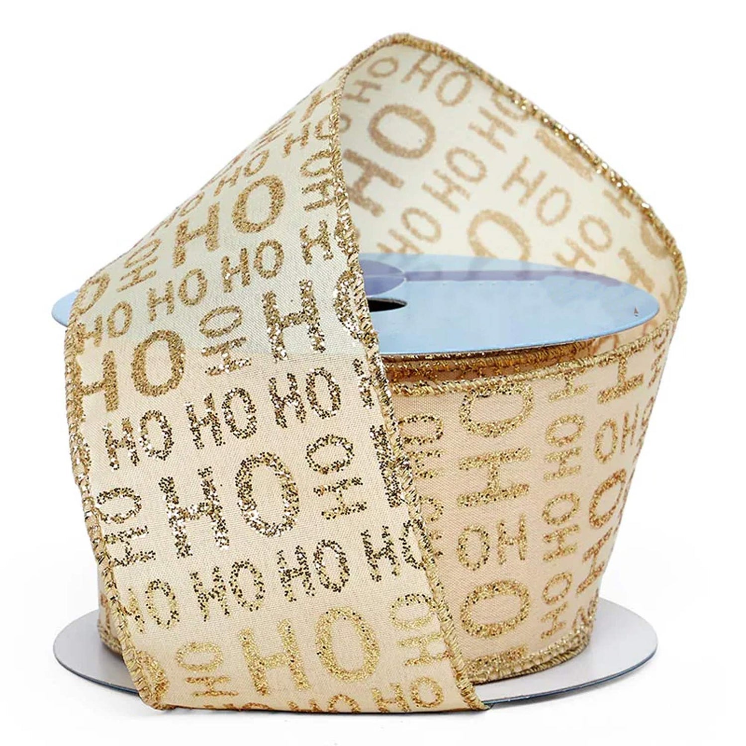 "Ho Ho Ho" Wired Ribbon 2 1/2 '' X 10 yd Gold Glitter Text Color 1 / roll