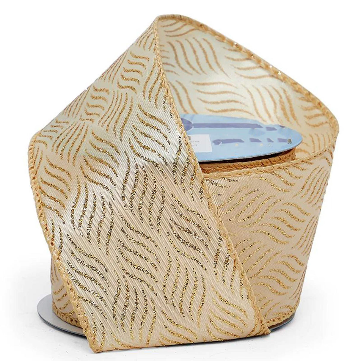 Glitter Wavy Line Pattern On Wired Satin Ribbon 2 1/2 '' X 10 yd Gold Color 1 / roll
