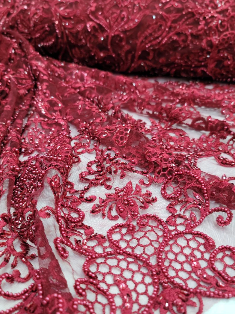 Beaded Lace Burgundy Floral Mesh Fabric