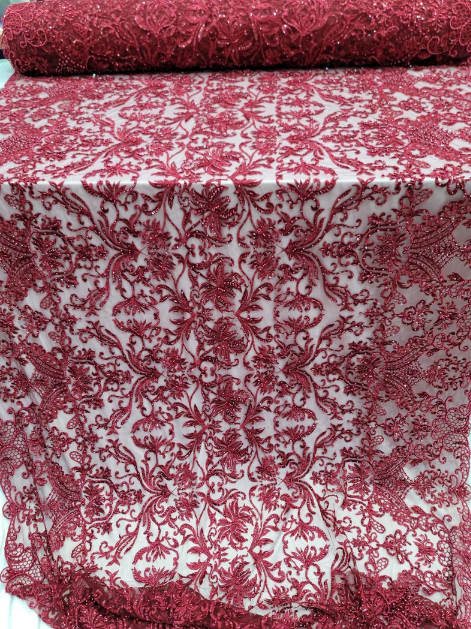 Beaded Lace Burgundy Floral Mesh Fabric