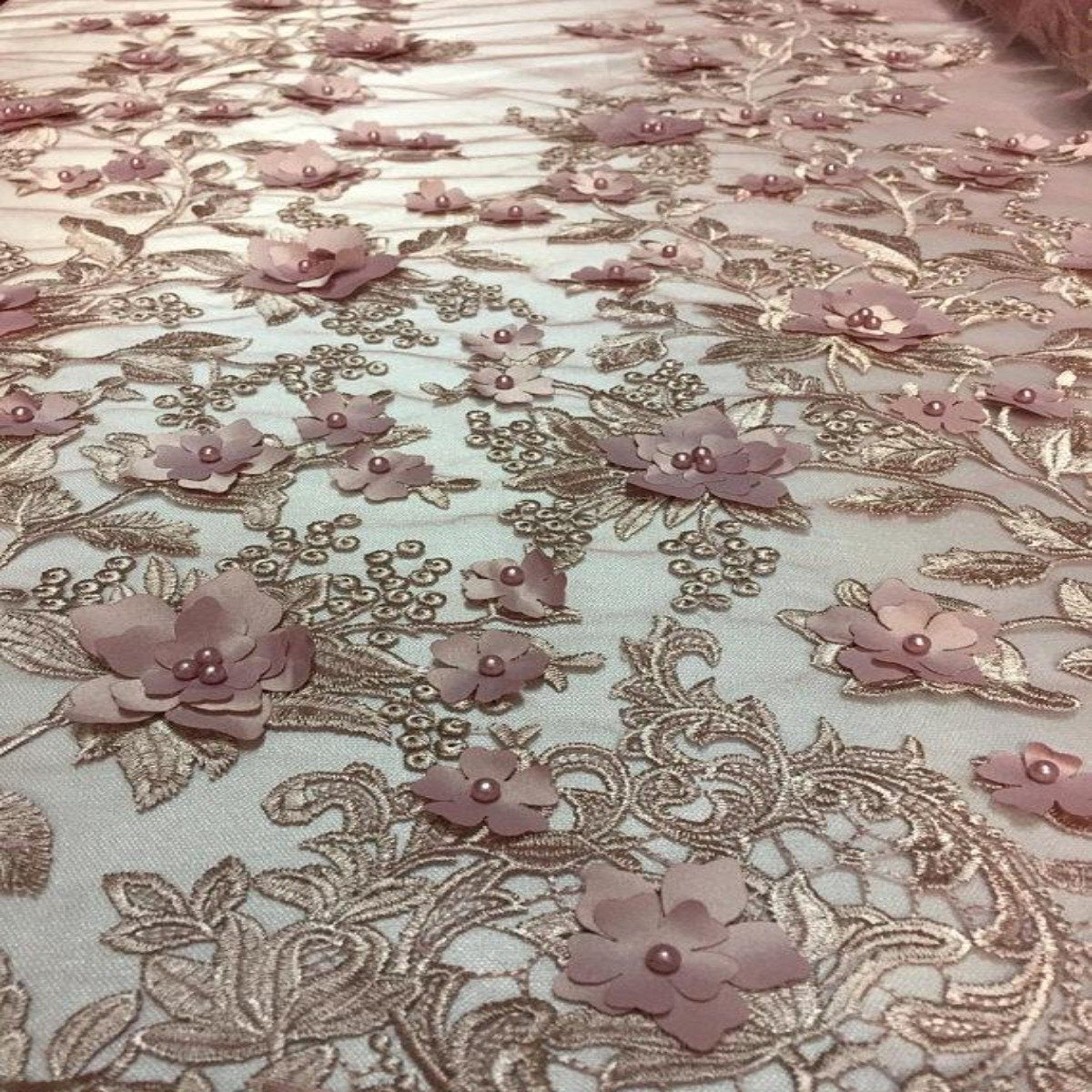 3D Embroidered Satin Floral Pearl Lace Fabric - 100 Percent Polyester Fabric, Floral Pearl Embroidery, 52" Width, 12" Panel (1 Yard)