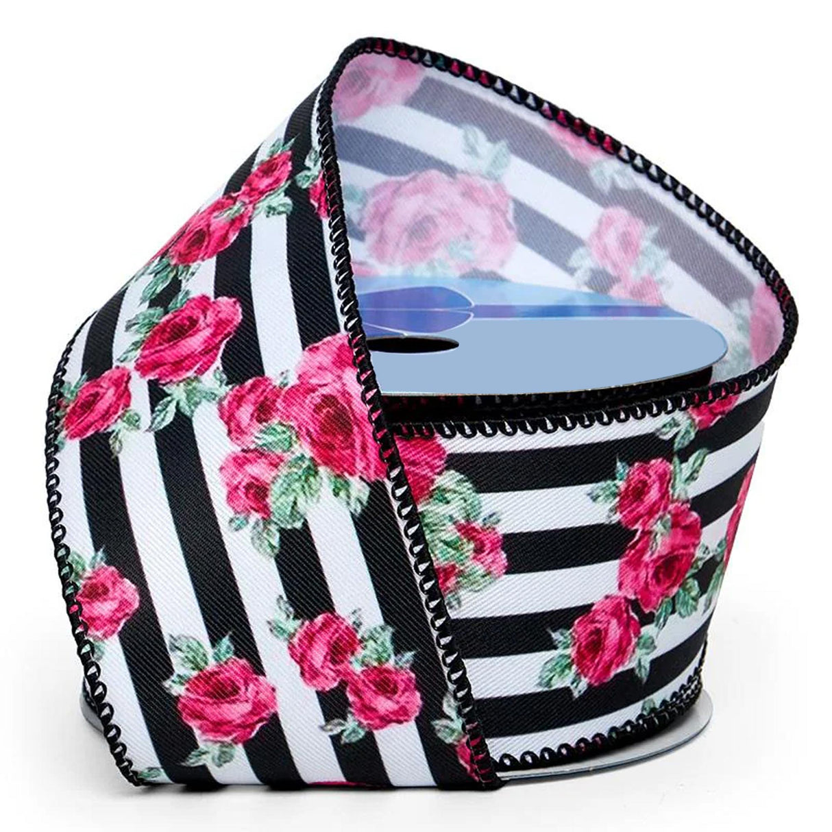 Mini Roses On Wired Ribbon 2 1/2 '' X 10 yd Black / White Color 1 / ROLL