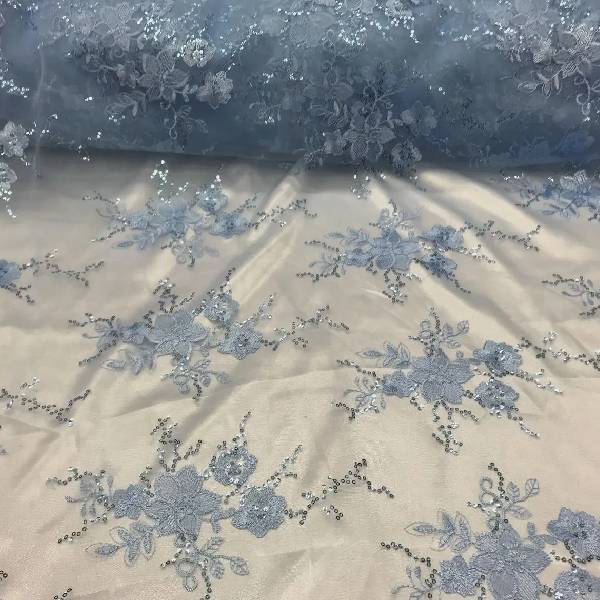 Floral Mesh Lace Fabric - Sequin Embroidery, Royal Blue, 52" Width