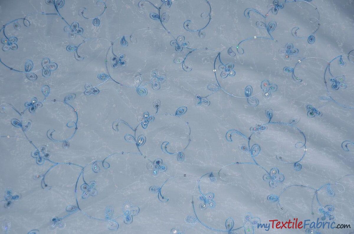 Dahlia Organza Embroidery Polyester Fabric - Embroidered Floral Sheer With Sequins Embellishment, 54" Width (1 Yard)