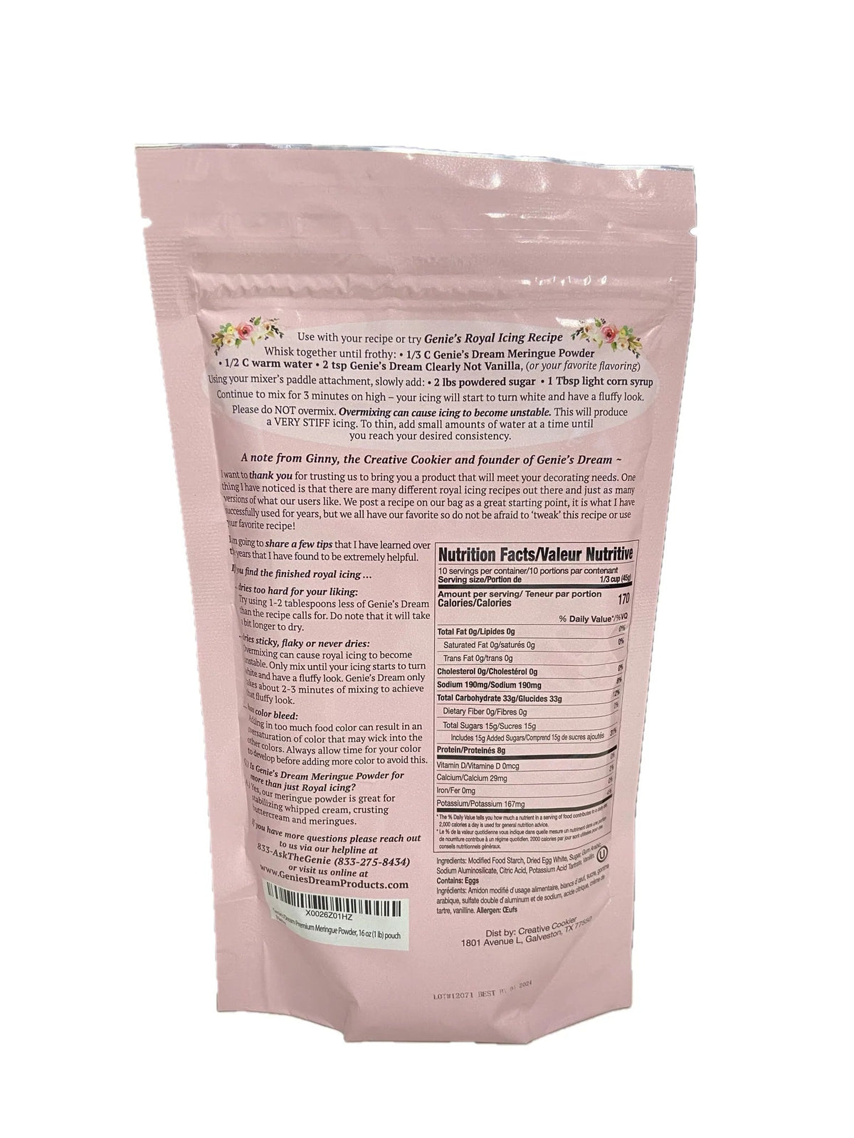 Genie's Dream Premium Meringue Powder 16 oz. resealable poly pouch 1 pound