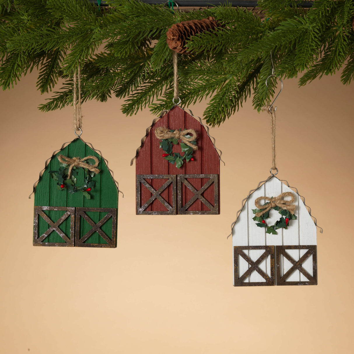 6 Inch Wood & Metal Holiday Barn Ornament Christmas Hanging Decor