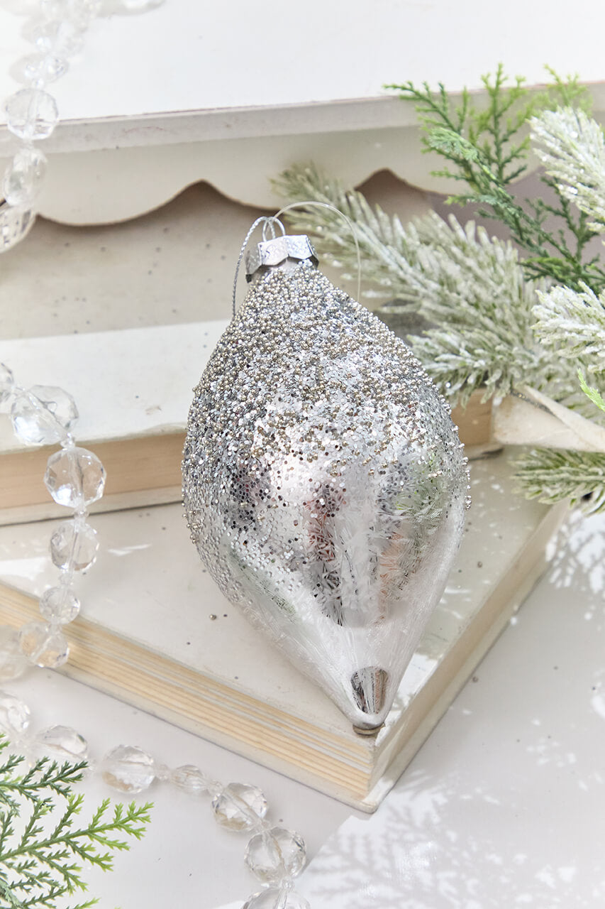 4" - 4.5" Silver Beaded Glass Ornament