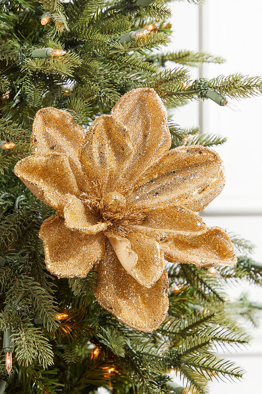 24” x 10” Gold Micro Beaded Sequins Magnolia Stem Christmas Floral Pick