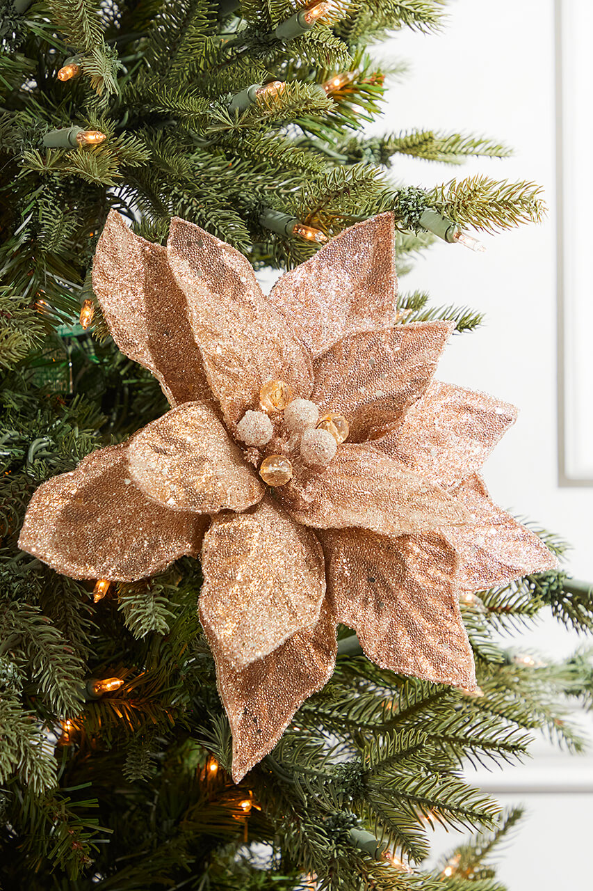 24" x 11" Rose Gold Beaded Sequins Poinsettia Stem