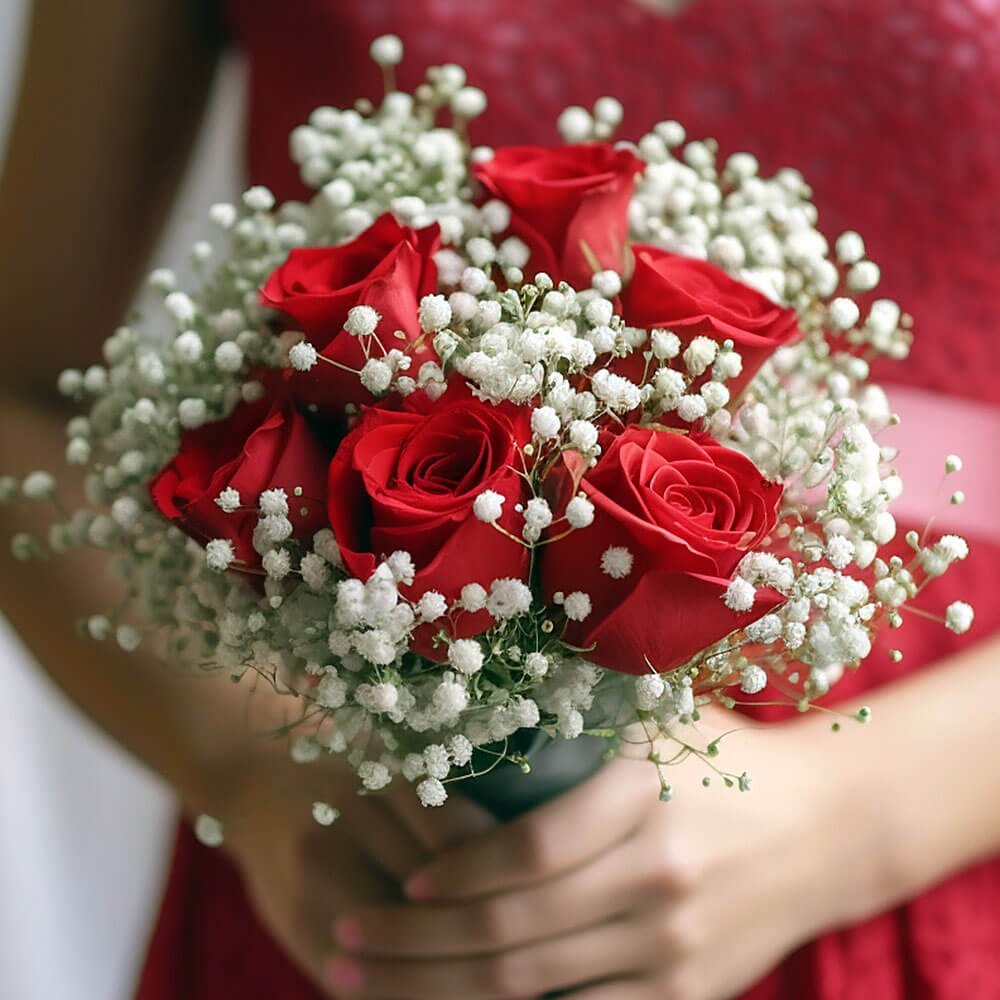 Red Roses Bridesmaids Bouquets with Baby’s Breath 3 Sets Fresh Flowers 19 Stems Each