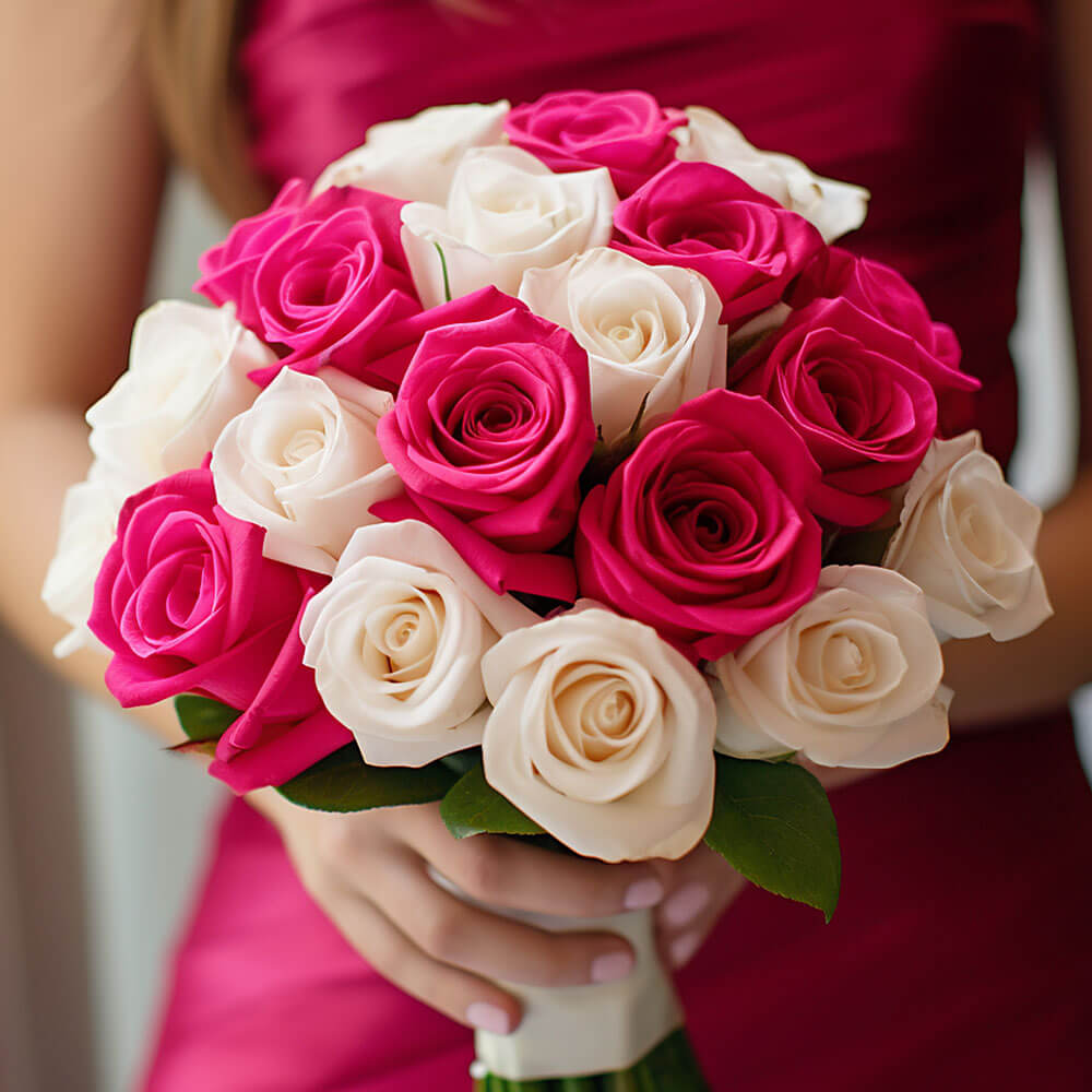 Dark Pink & White Roses Bridesmaids 6 Bouquets With 32 Stems Each Wedding Flowers