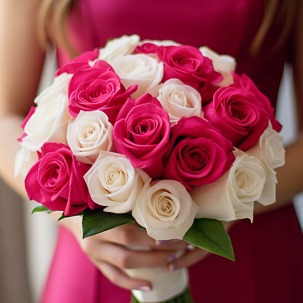 Dark Pink & White Roses Bridesmaids 3 Bouquets With 32 Stems Each Wedding Flowers