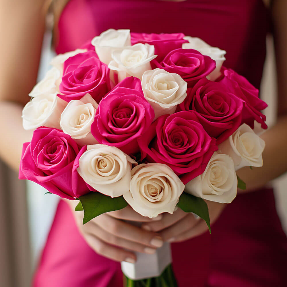 Dark Pink & White Roses Bridesmaids 3 Bouquets With 32 Stems Each Wedding Flowers