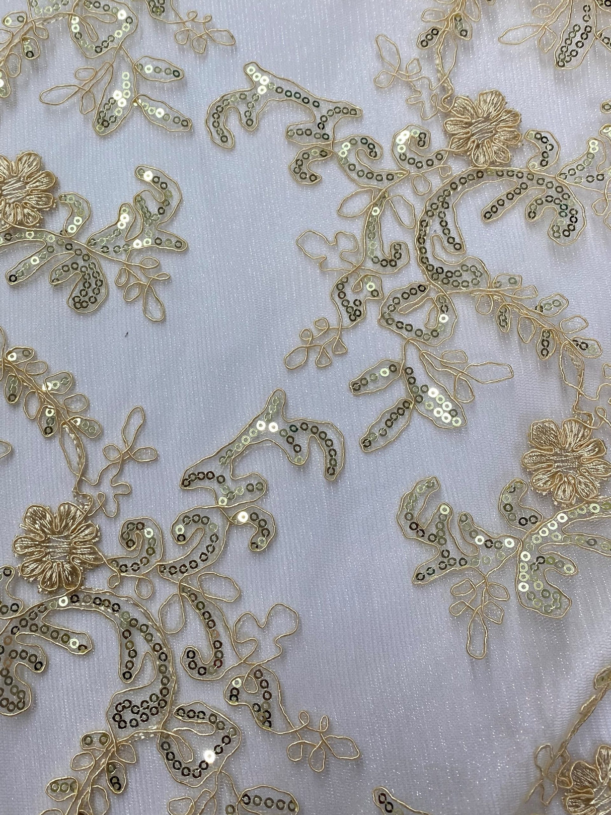 Elena's Lace Beige Polyester Lace Fabric - Beige Corded Mesh Embroidered With Sequins, Double Scalloped Edge, 54" Width (1 Yard)