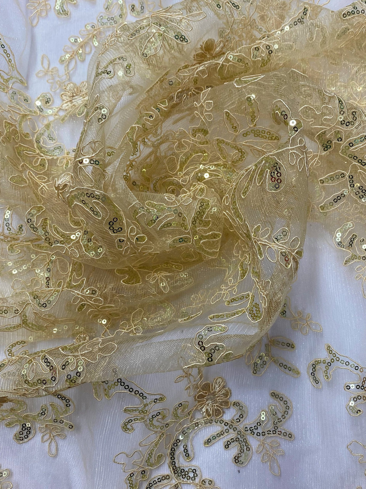 Elena's Lace Beige Polyester Lace Fabric - Beige Corded Mesh Embroidered With Sequins, Double Scalloped Edge, 54" Width (1 Yard)