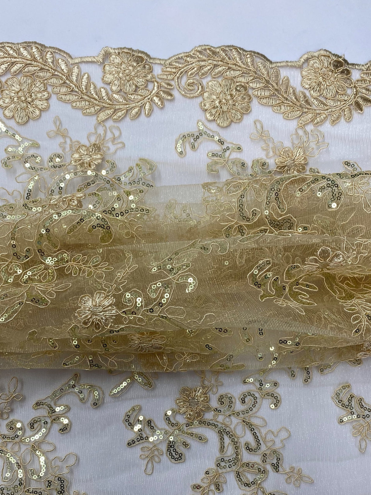 Elena's Lace Beige Polyester Lace Fabric - Beige Corded Mesh Embroidered With Sequins, Double Scalloped Edge, 54" Width (1 Yard)
