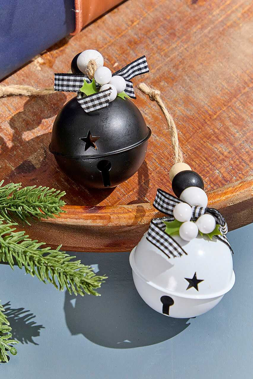 Black & White Metal Bell Ornament 3 Inch Plaid Christmas Decor