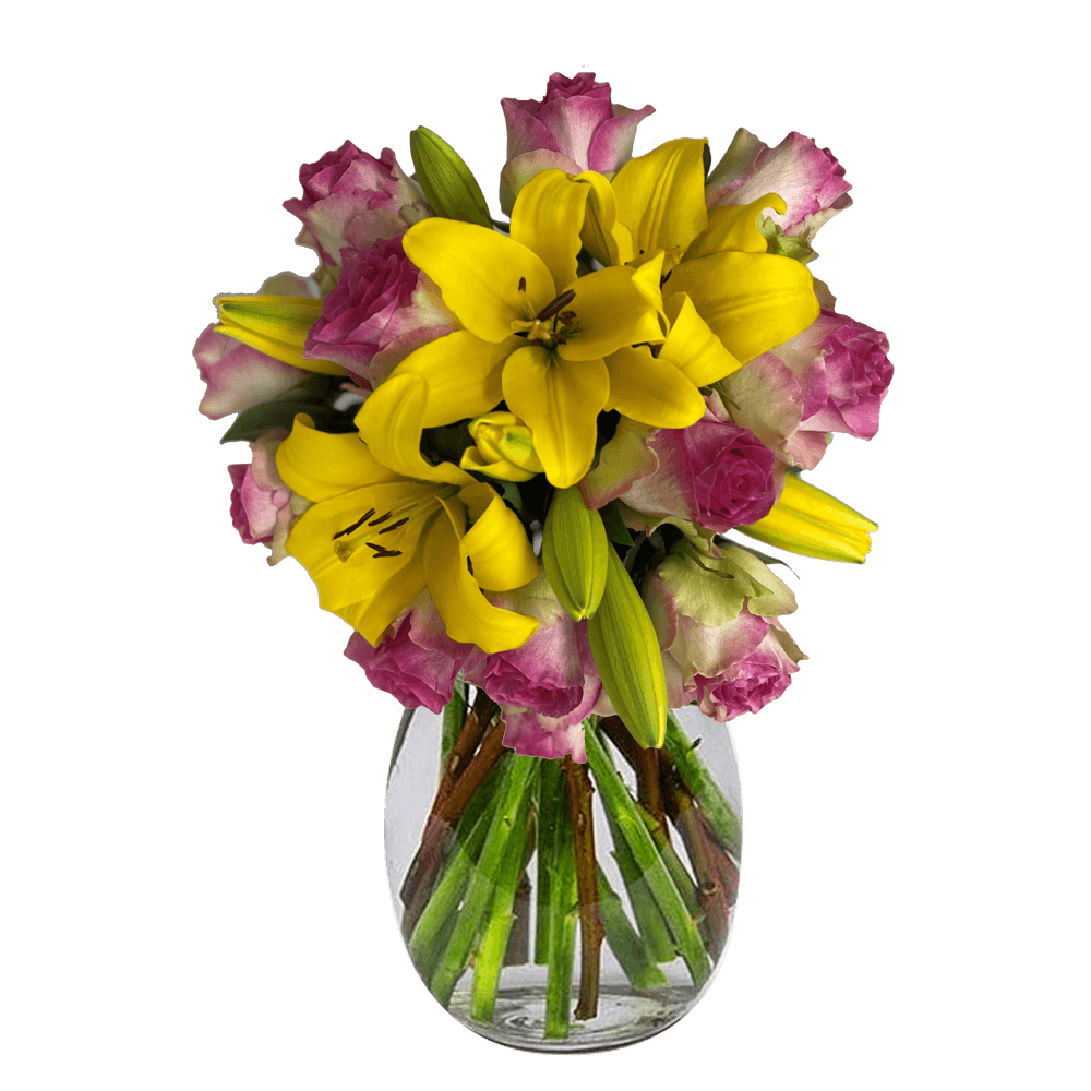 Bicolor Pink & Yellow Rose Lily Bouquet Fresh Flower Arrangement