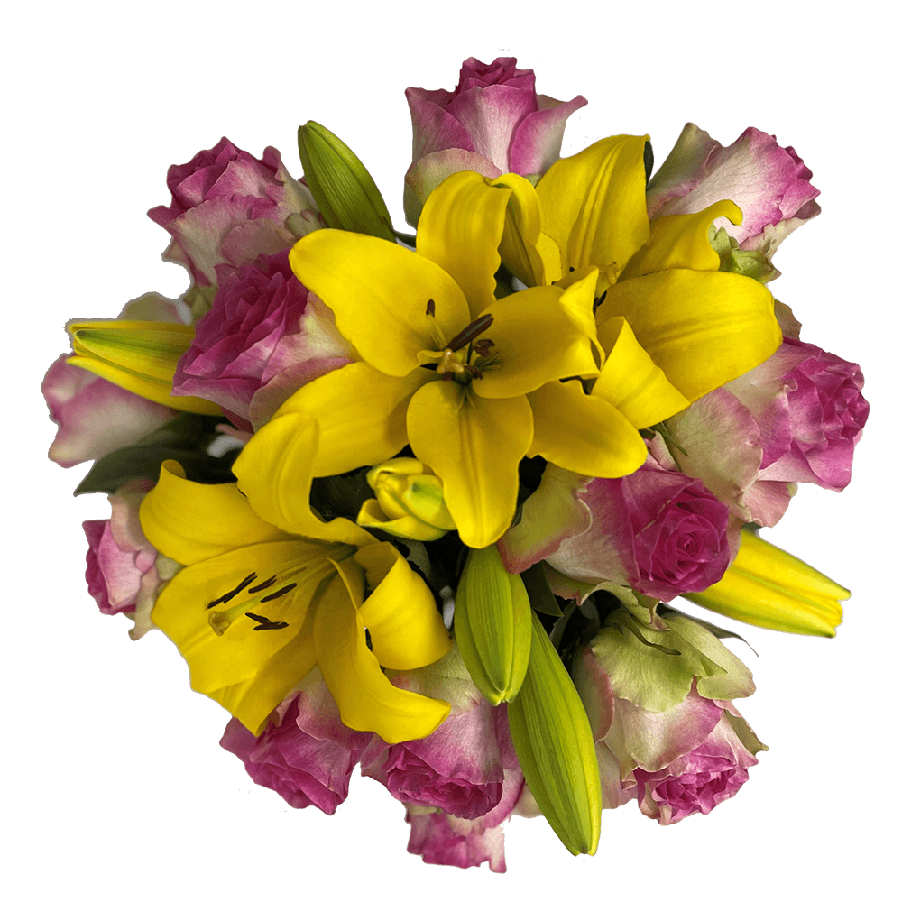 Bicolor Pink & Yellow Rose Lily Bouquet Fresh Flower Arrangement