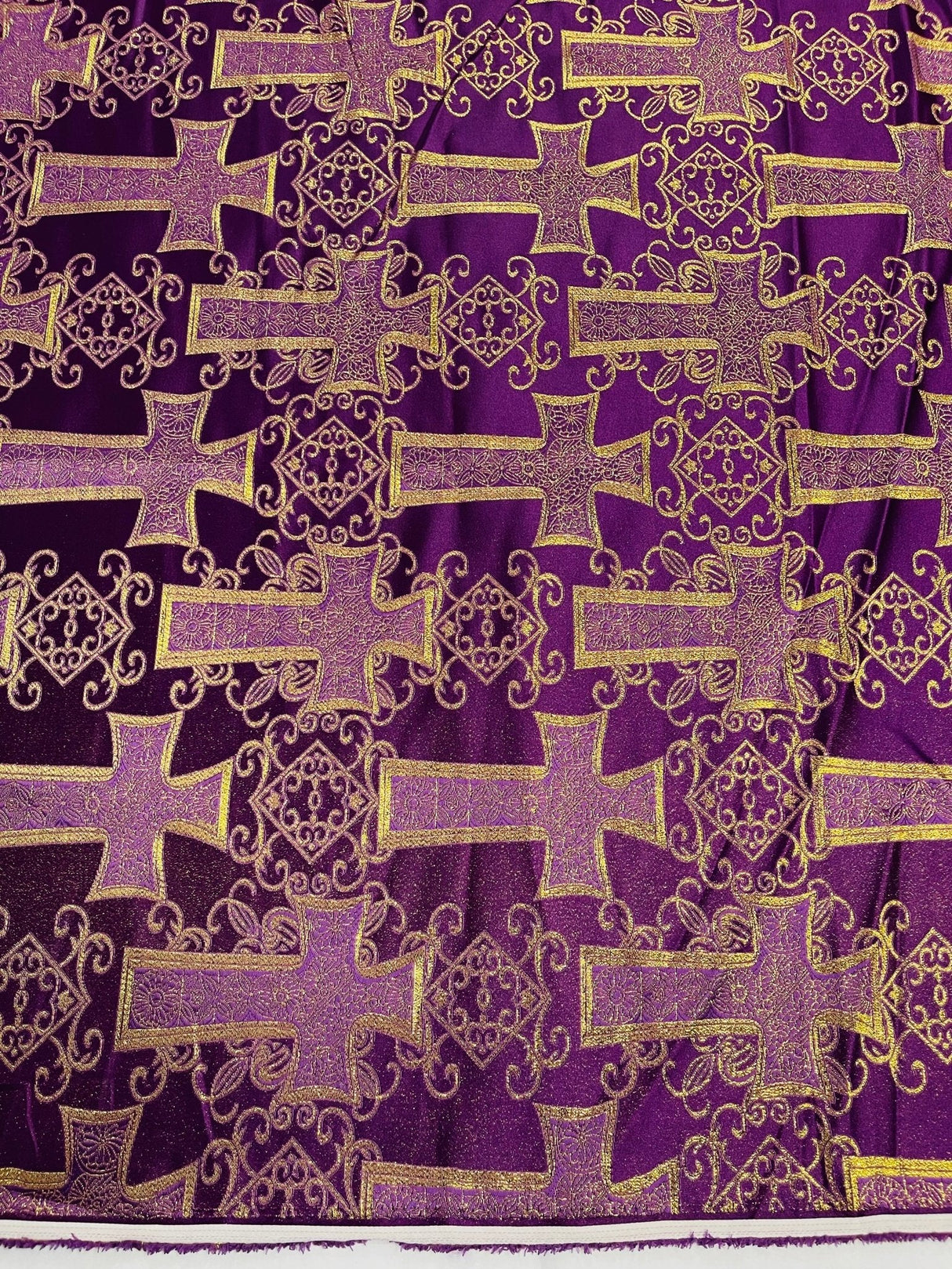 Big Cross Jacquard Satin Fabric - Beige/Gold, Green/Gold, Purple/Gold, Red/Gold, Turquoise/Gold, White/Silver, Royal/Gold, 58" Width (1 Yard)