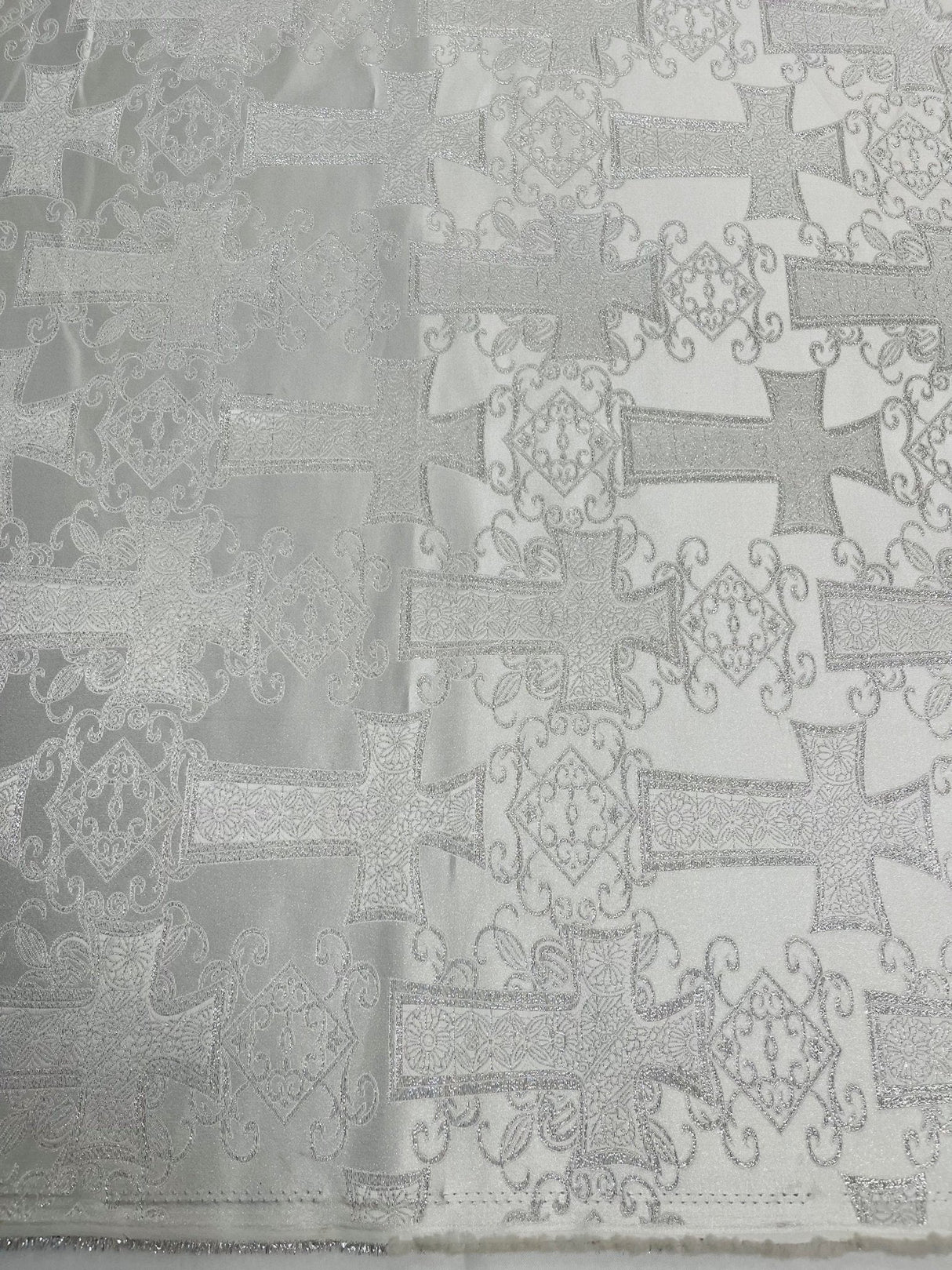 Big Cross Jacquard Satin Fabric - Beige/Gold, Green/Gold, Purple/Gold, Red/Gold, Turquoise/Gold, White/Silver, Royal/Gold, 58" Width (1 Yard)