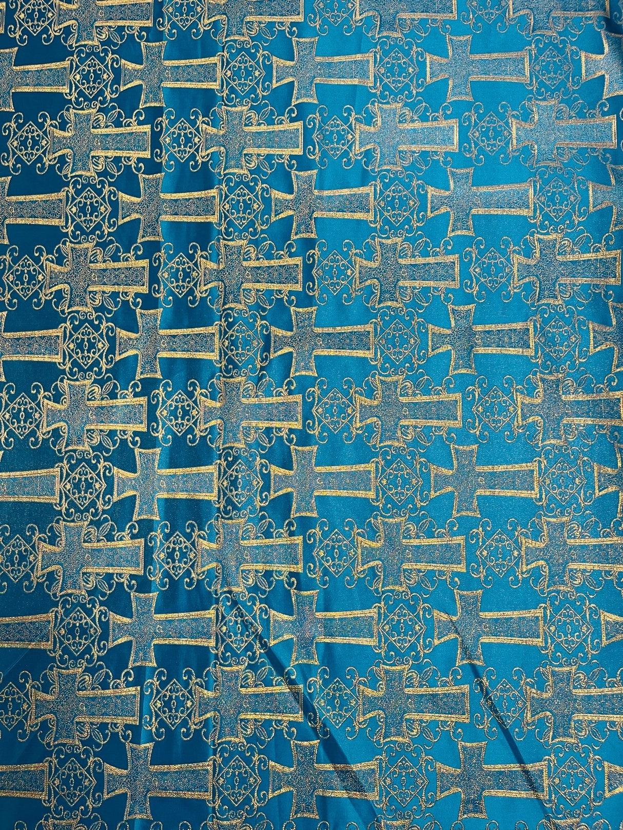 Big Cross Jacquard Satin Fabric - Beige/Gold, Green/Gold, Purple/Gold, Red/Gold, Turquoise/Gold, White/Silver, Royal/Gold, 58" Width (1 Yard)