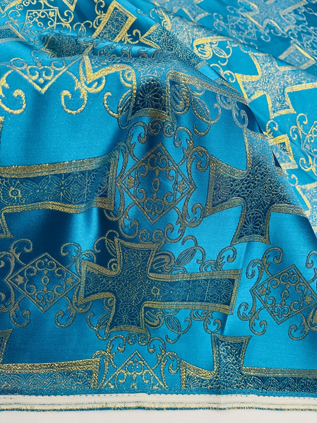 Big Cross Jacquard Satin Fabric - Beige/Gold, Green/Gold, Purple/Gold, Red/Gold, Turquoise/Gold, White/Silver, Royal/Gold, 58" Width (1 Yard)