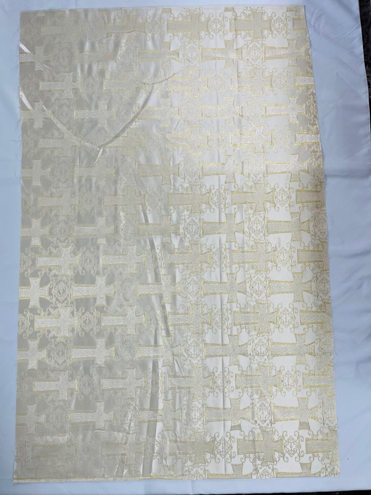 Big Cross Jacquard Satin Fabric - Beige/Gold, Green/Gold, Purple/Gold, Red/Gold, Turquoise/Gold, White/Silver, Royal/Gold, 58" Width (1 Yard)