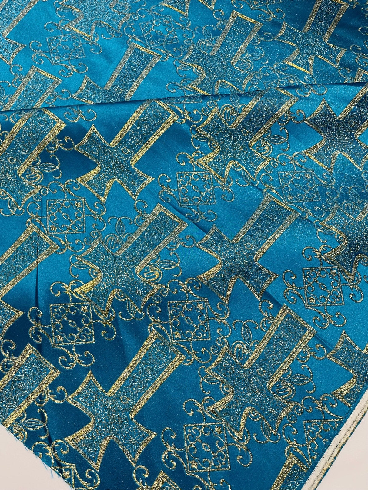 Big Cross Jacquard Satin Fabric - Beige/Gold, Green/Gold, Purple/Gold, Red/Gold, Turquoise/Gold, White/Silver, Royal/Gold, 58" Width (1 Yard)