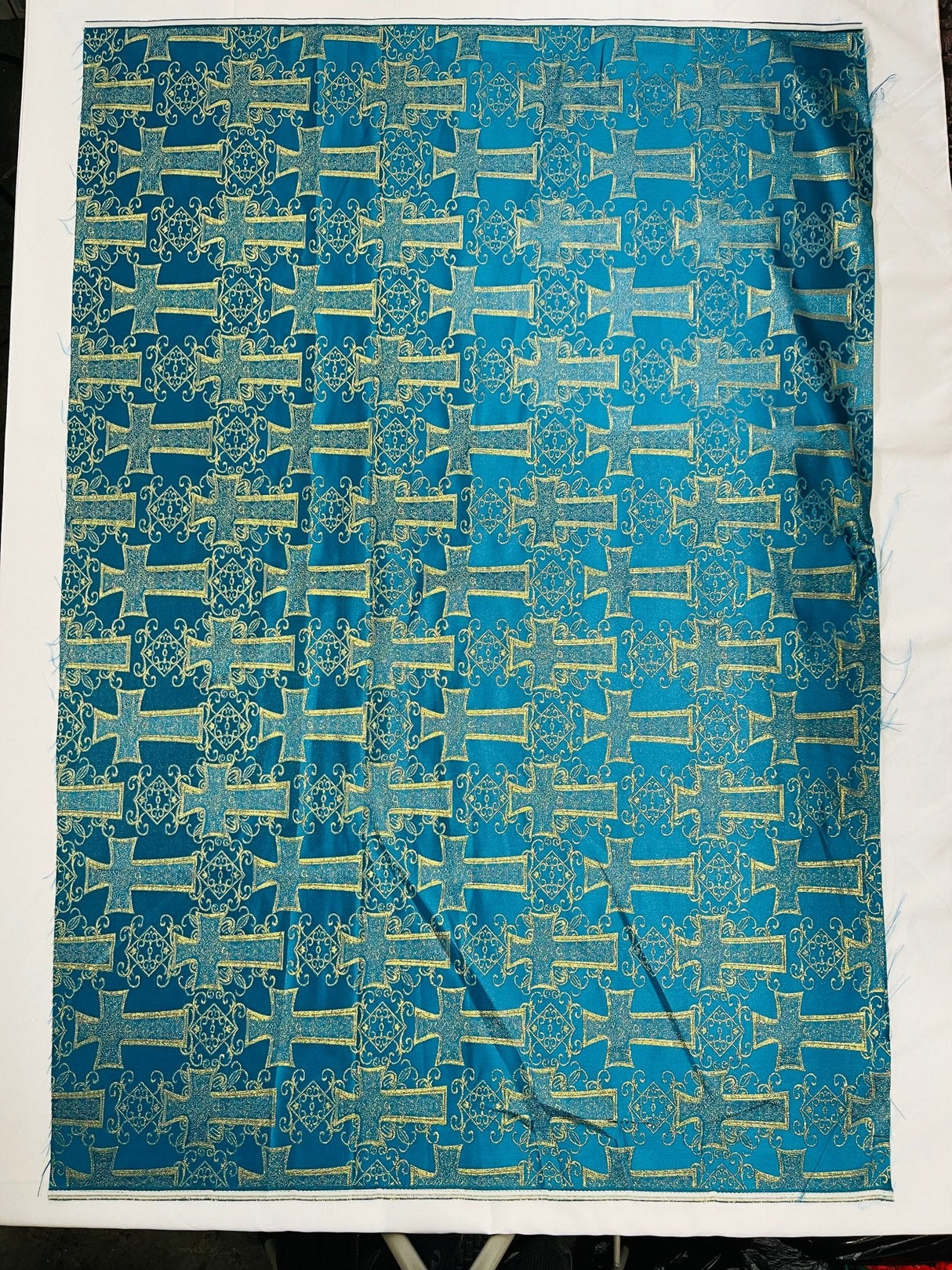 Big Cross Jacquard Satin Fabric - Beige/Gold, Green/Gold, Purple/Gold, Red/Gold, Turquoise/Gold, White/Silver, Royal/Gold, 58" Width (1 Yard)