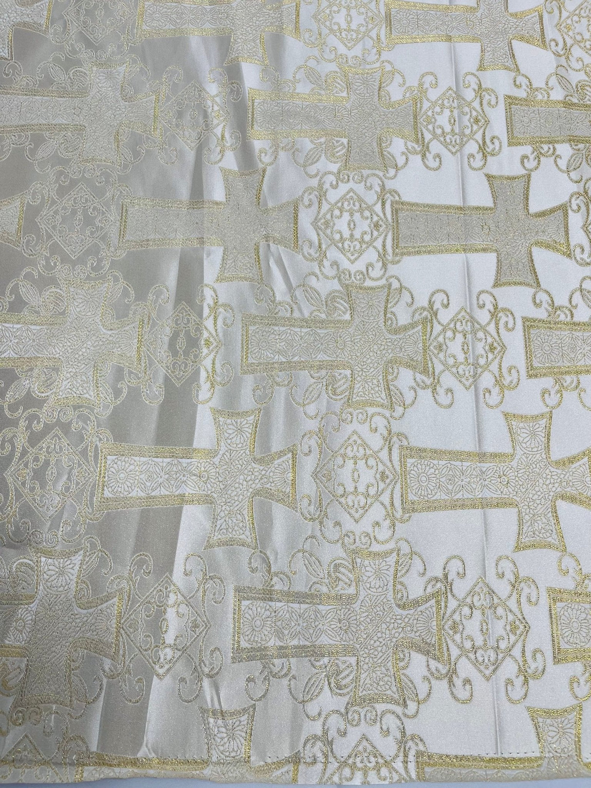 Big Cross Jacquard Satin Fabric - Beige/Gold, Green/Gold, Purple/Gold, Red/Gold, Turquoise/Gold, White/Silver, Royal/Gold, 58" Width (1 Yard)